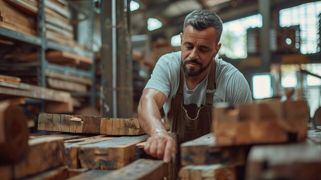  man is busy crafting wooden piece at a factory, showcasing skills in woodworking and craftsmanship