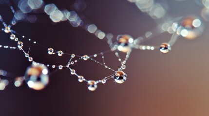Poster - A macro shot of water droplets on a spider's silk thread, resembling a delicate strand of pearls suspended in mid-air.