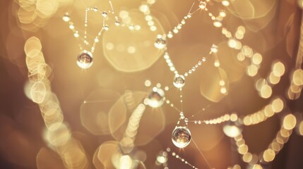 Poster - A macro shot of water droplets on a spider's web, glistening like diamonds in the soft morning light.