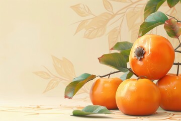 Wall Mural - A close up of four oranges on a table with a leafy green background. The oranges are ripe and ready to eat