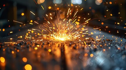 Wall Mural - Vivid image of fiery sparks scattering from metal grinding work, illuminating the industrial setting