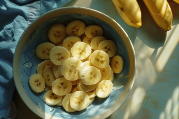 Wall Mural - A bowl of bananas is on a table. The bananas are sliced and scattered throughout the bowl