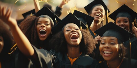 Canvas Print - A group of women in graduation gowns are smiling and celebrating their achievements. Concept of pride and accomplishment as the graduates raise their hands in the air