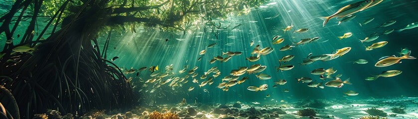 Documentary photography A bustling mangrove root system underwater