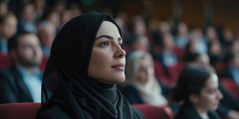 A woman wearing a black scarf and a black head scarf is sitting in a red chair in a crowded room