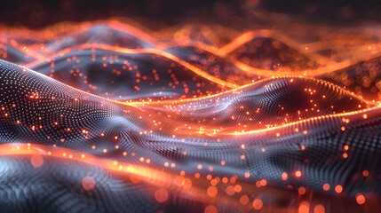 Aufkleber - Abstract wave with moving dots and lines. Flow of particles. Cyber technology illustration. 3d rendering