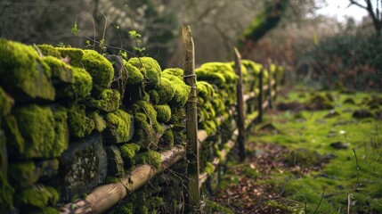 Wall Mural - Green Moss Covered Old Wall Fence in Landscape Photography