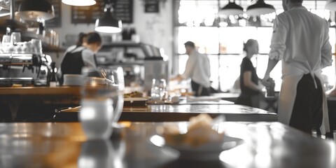 Wall Mural - A busy restaurant with a group of people working behind the counter. Scene is bustling and energetic