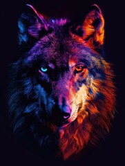  A wolf with blue eyes and a red nose. The wolf is in a dark background