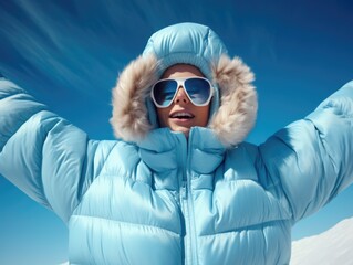 Wall Mural - A woman in a blue coat with a fur hood and sunglasses is smiling. Concept of happiness and warmth, as the woman is dressed for cold weather and he is enjoying herself