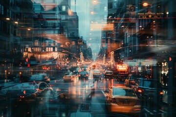 Canvas Print - AI generated illustration of City street at night with traffic lights and pedestrians crossing