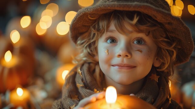 Kid in wizard costume with stars looks pensively with a candle in a festive scene