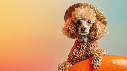 Poster - Adorable Poodle in a Straw Hat Relaxing on an Inflatable Pool Toy