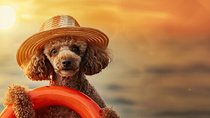 Sticker - Poodle in Paradise: Stylish Pooch Wearing Straw Hat and Holding Life Preserver