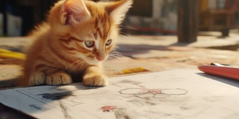 Wall Mural - A kitten is looking at a drawing of a flower. The drawing is on a piece of paper and the kitten is on the floor