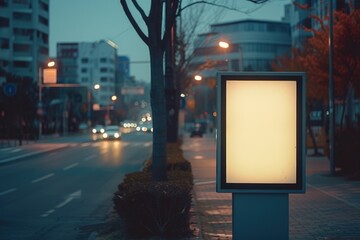 A billboard is on a city street at night. The billboard is white and has no writing on it. The street is busy with cars and a few pedestrians