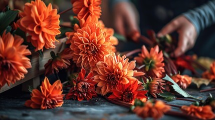 Canvas Print - A person is arranging orange flowers in a vase. The flowers are orange and there are many of them