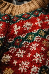 Wall Mural - A red and green sweater with white snowflakes on it. The sweater is knitted and has a festive, cozy feel to it