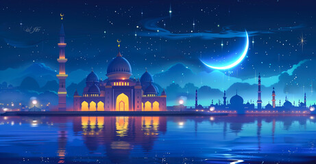 An illustration shows an amazing mosque with intricate architecture at night with star and moon. Spiritual value of mosque architecture in Muslim traditions. Generative AI.