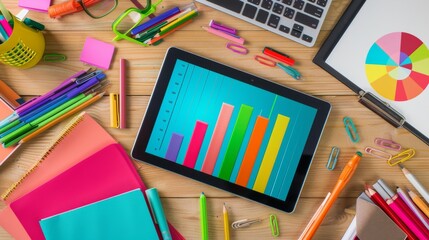 Poster - a multi-colored bar graph displayed on a tablet, surrounded by office supplies on a desk.