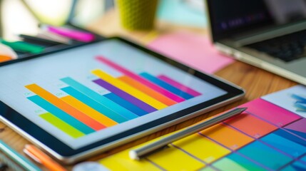Poster - a multi-colored bar graph displayed on a tablet, surrounded by office supplies on a desk.