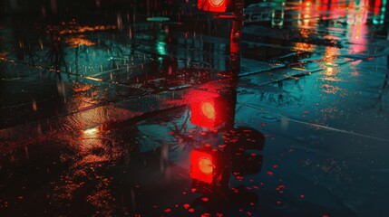 Aufkleber - A night scene with a traffic light showing red, and the reflections of the lights on wet pavement after a rain.