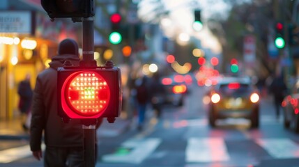 Poster - A pedestrian waiting at a crosswalk with the pedestrian signal showing red, with shops and traffic in the background.