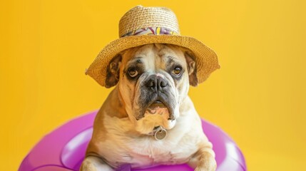 Sticker - Canine Fashion Statement: Dog Sporting a Straw Hat Perched on a Vibrant Purple Ball