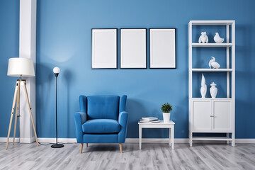 Modern room wall background, white and blue concept, decorative blue room, home object, armchair lamp and frame decor. Bookshelf in the wall, parquet floor.