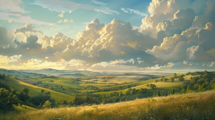 Poster - A picturesque countryside scene with rolling hills and valleys, framed by a sky filled with billowing cumulus clouds.