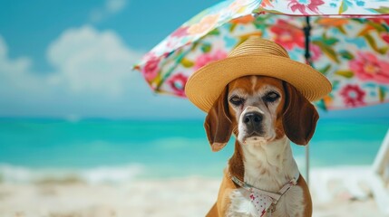 Sticker - Tropical Pup: Dog in Stylish Hat Enjoying Beach Day