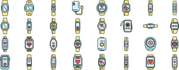 Poster - Wearable tracker icons set outline vector. Fitness bracelet. Wristband digital thin line color flat on white