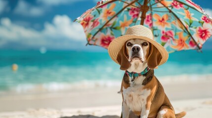 Sticker - Tropical Pup: Dog in Stylish Hat Enjoying Beach Day