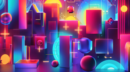 Poster - abstract illustration of geometric shapes and structures in colorful neon colors and lights. Generative AI.