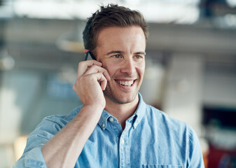 Poster - Business, conversation and happy man with phone call for networking, planning and contact at startup. Office, consultant or businessman with smartphone for discussion, negotiation or communication