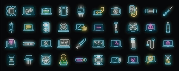 Poster - laptop repair icons set outline vector. repair computer. broken support neon color on black