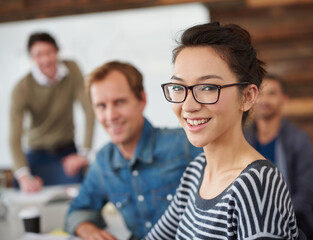 Aufkleber - Business woman, smile in meeting and portrait at company workplace, boardroom and creative project. Entrepreneur, planning and teamwork with face of happy employee, worker in office and confidence