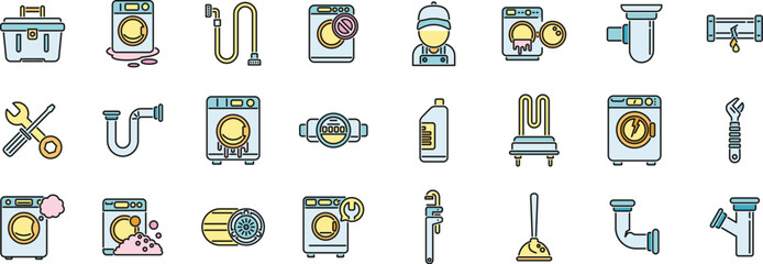 Canvas Print - Washing machine repair icons set outline vector. Broken appliance. Washing accident thin line color flat on white