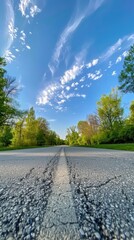 Wall Mural - a scenic park, verdant green grass and towering trees frame a clear blue sky, while an asphalt road stretches into the distance, presenting a tranquil nature landscape perfect.