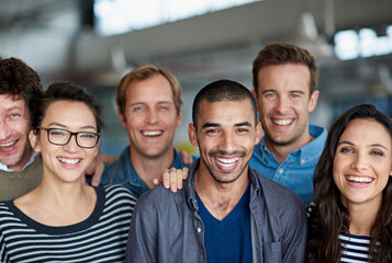 Poster - Teamwork, portrait and funny with business people laughing together in creative office at work. Collaboration, happy and friends with men, woman and copywriter group joking and working as team
