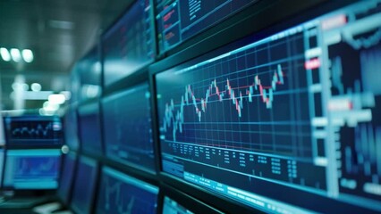 Poster - Brightly lit computer monitors show fluctuating graphs and stock market data in a bustling financial trading room.