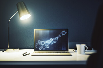 Aufkleber - Creative abstract robotics technology sketch on modern laptop monitor, future technology and AI concept. 3D Rendering