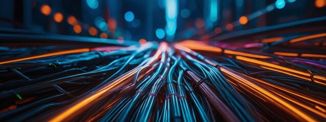 Canvas Print - Intense colors from electric cables, LEDs, and optical fibers form a futuristic backdrop for tech imagery and business trends.