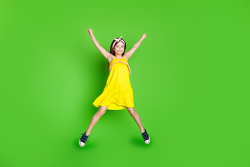 Sticker - Full length photo of shiny attractive little lady dressed pin up outfit jumping high like star empty space isolated green color background