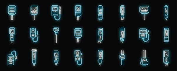 Sticker - Ph meter icons set outline vector. Chemical acid. Biology meter neon color on black