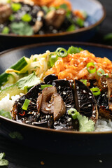 Wall Mural - Korean mushrooms bowl with cucumber salad, kimchi and rice