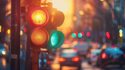 Aufkleber - A traffic light at a busy intersection during sunset, with warm hues illuminating the scene.