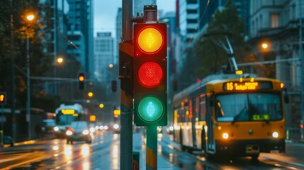 Canvas Print - A traffic light at a major city intersection, with buses, cars, and a tram in the background, showing a green light.