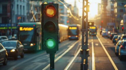 Canvas Print - A traffic light at a major city intersection, with buses, cars, and a tram in the background, showing a green light.