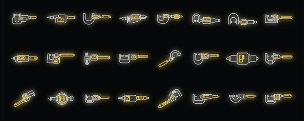 Poster - Digital micrometer icons set outline vector. Caliper ruler. Device construction neon color on black